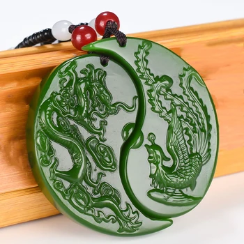 

Natura Green Jade Dragon and Phoenix Jade Pendant Jewelry Lucky Exorcise evil spirits Safety Amulet Jade Pendant Fine Jewelry