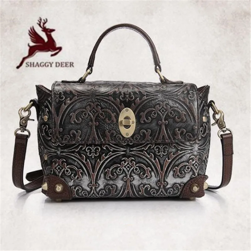 

100% Genuine Leather Perfect Quality Floral Embossing Women Handbags Square Personality Shoulder Bags