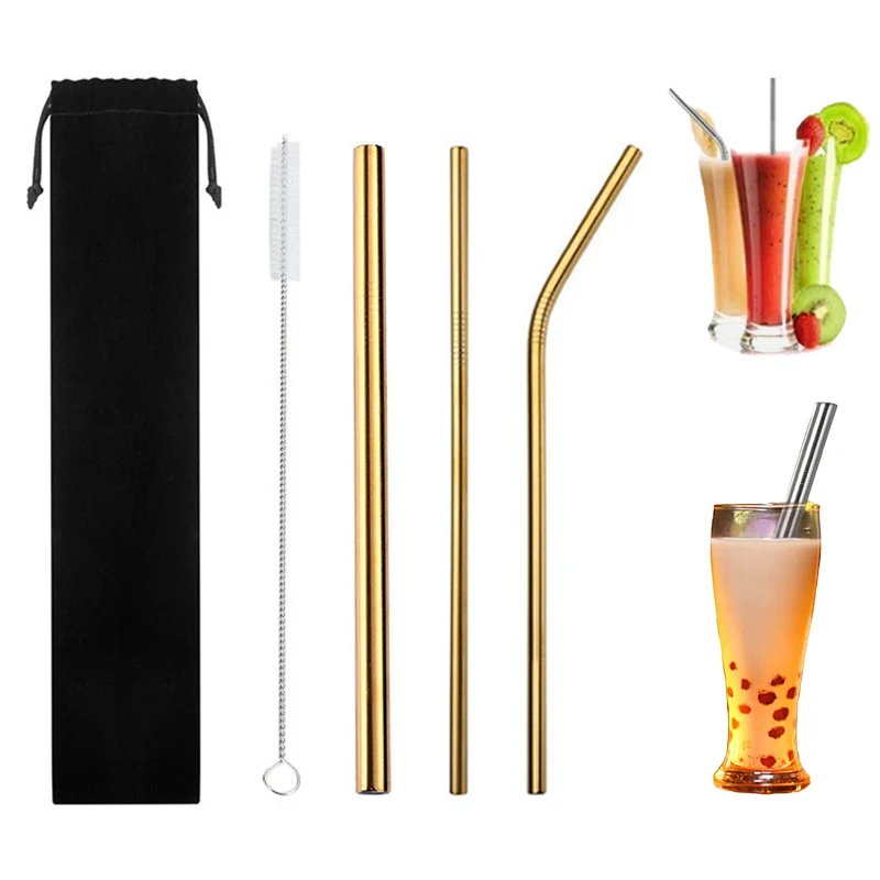 

304 Stainless Steel Sturdy Bent Straight Boba Straw Reusable Metal Drinking Straws With Cleaning Brush Party Bar Accessory
