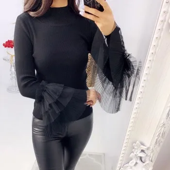 

Winter Women Knitted Turtleneck Sweater Casual Jumper Mesh Stitching Solid Color Slim Long-Sleeved Female Elasticity Pullovers