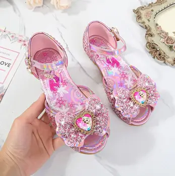 

Girls Wedding Shoes Glitter New Brand flat Heels Children Elsa Princess Sandals Dance Kids Fashion Party Shoes Bow sandal
