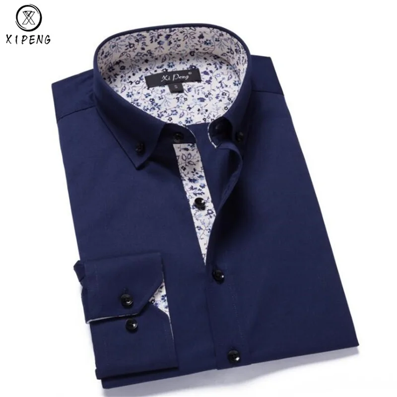 Navy Blue Xipeng Новое поступление хлопок повседневные рубашки мужская Весенняя печатная версия рубашка с длинными рукавами мужская деловая рубашка рубашки Camisa - Цвет: Navy Blue