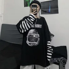 Осенняя футболка, повседневная, с буквенным принтом, с круглым вырезом, в полоску, футболки Харадзюку, свободные футболки, женские, с длинным рукавом, большие размеры, топы, хип-хоп Уличная одежда