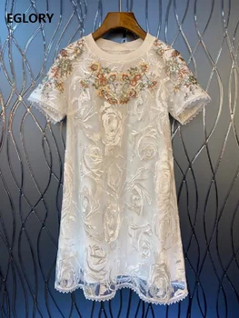 

2020 Summer Fashion White Dress High Quality Women Luxurious Embroidery Sequined Deco Short Sleeve Straight White Dress Mini