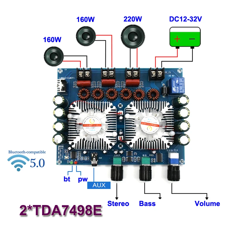 2*160W+220W TDA7498E Power Subwoofer Amplifier Board Bluetooth-compatible 2.1 Channel Class D Home Theater Audio Stereo Amp