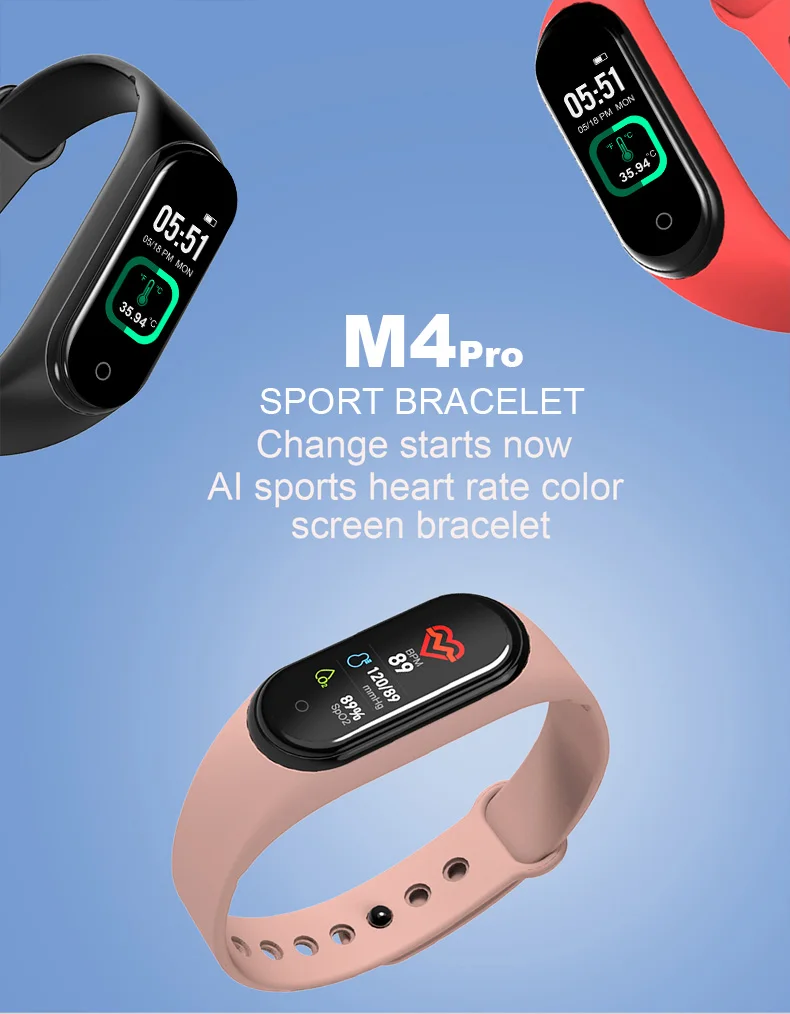 2022 Measurable Body Temperature M4Pro Smart Band Sport Wristband Fitness Blood Pressure Bluetooth Smart Watch Fit Men Women Kid