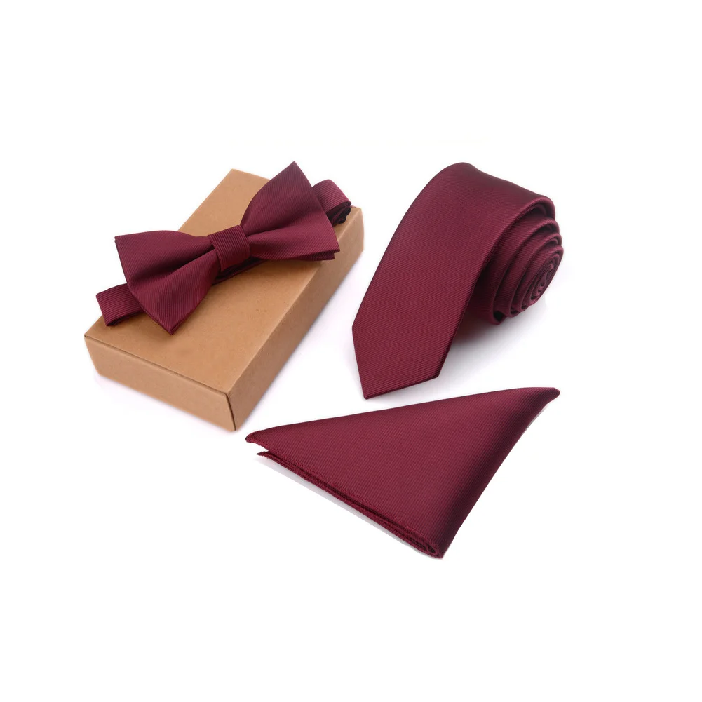 wine red 3 шт./компл. Для мужчин тонкий галстук-бабочка, комплект с галстуком-бабочкой платок носовой платок+ галстук-бабочка+ шейный платок комплект Для мужчин подарки FIF66 - Цвет: wine red