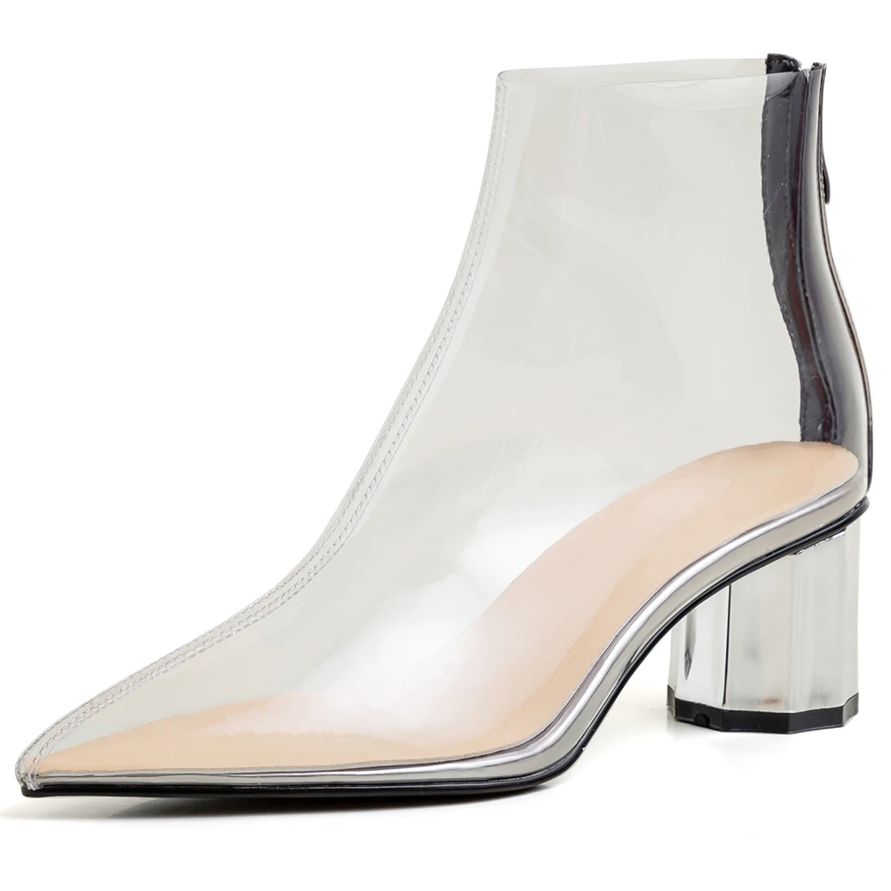 ALLEN Spring New Ladies High Chunky Heel Shoes Woman Pointed Toe Crystal Ankle Boots Women Brand Transparent Boots - Цвет: Transparent