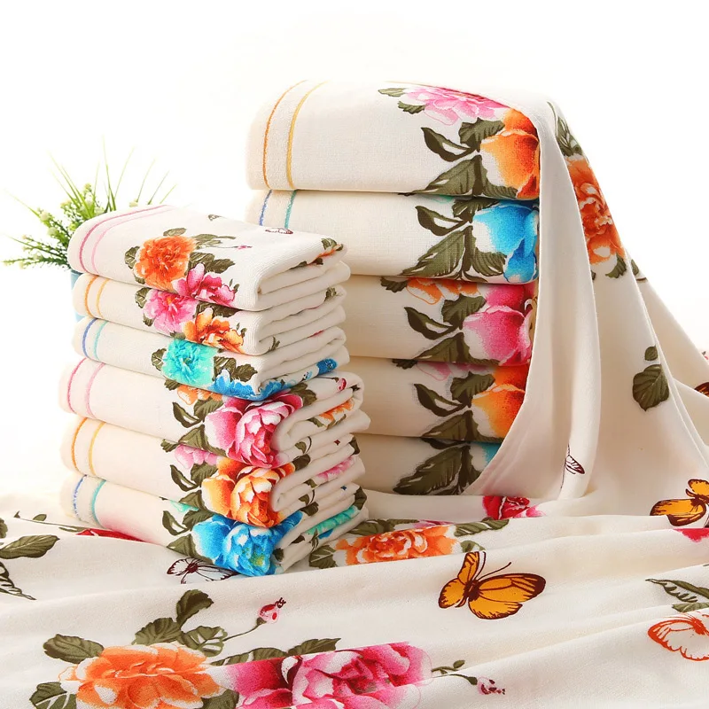 

3pcs Luxury Cotton Towel Bath Towels Women Peony Beach Towel for Family Guest Bathrooms Gym 34x74cm