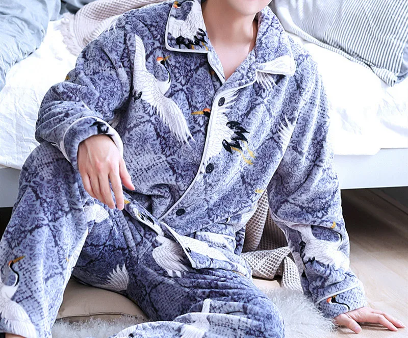 H5913 Молодежный пижамный комплект для мужчин, утолщенная фланелевая теплая одежда для сна, осенне-зимняя мужская одежда с длинными рукавами, большой размер, теплая домашняя одежда - Цвет: StyleT