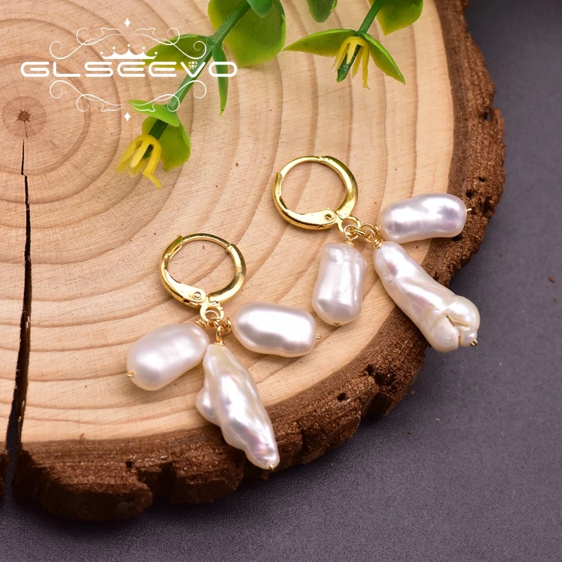 Серьги подвески GLSEEVO с натуральным пресноводным барочным жемчугом женские