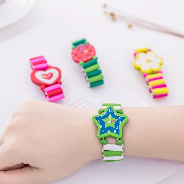 Kids Girl Colorful Wood Bracelets Children Elastic Watch Wristbands Child Toy Bracelet Wholesales Birthday Gift Jewelry 3