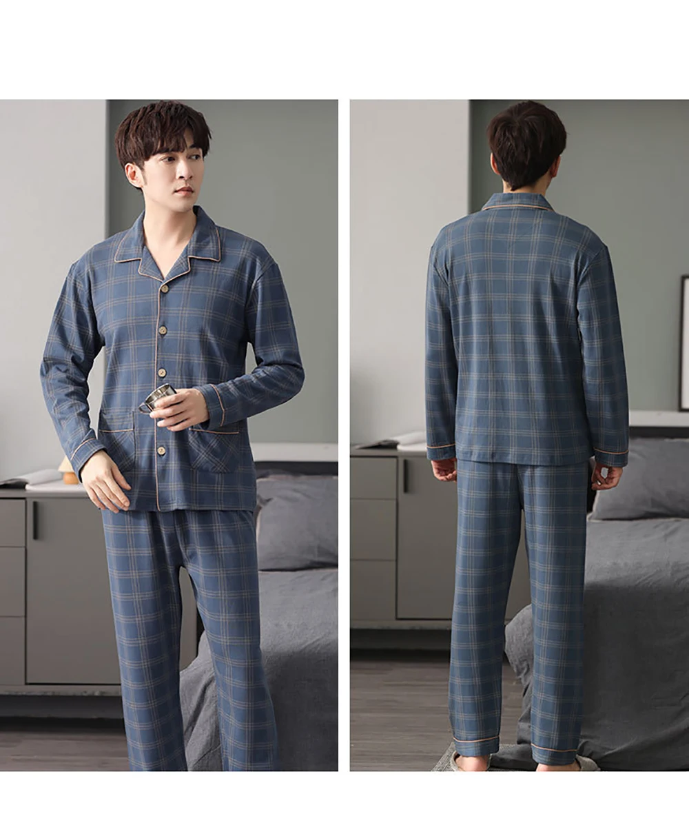 Autumn Winter Male Cotton Pajama Sets 4XL Plus Size Sleepwear Fashion Gradient Plaid Pijama Men Set Comfort Pajamas Loungewear checkered pajama pants