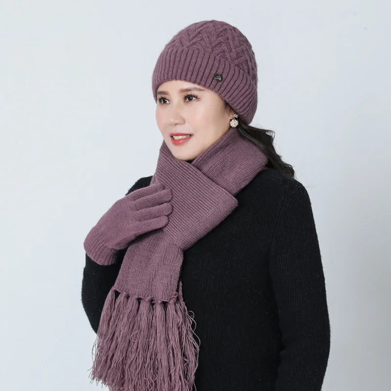 Новинка, вязанная зимняя шапка Skullies с кроличьим мехом, женские шапки бини из плотного хлопка, женский зимний шарф, перчатки, комплект из трех предметов