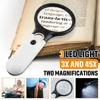 

45X 3 LED Handheld Reading Magnifier Lens Jewelry Loupe Magnifying Glass In Magnifer Waterproof Light Lamp