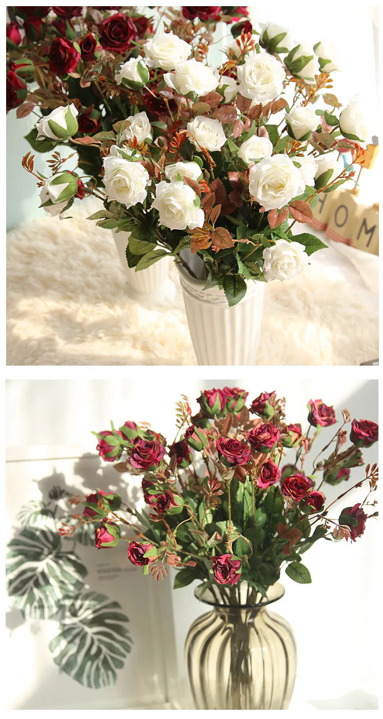 High Quality Three-Headed Rose Simulation Rose Fake Flower Home Furnishings Wedding Bouquets Christmas Decoration QW188 (7)