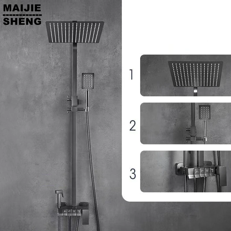

Bathtub Shower Mixer Tap Shower System Bathroom Shower Set Wall Mount Square Head Bath Faucets Hot Cold Mixer Grey Taps