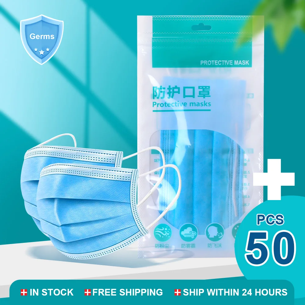 

50pcs 3 Layer Protective Mask Disposable Face Mask Anti-Pollution Dust Protection Mask Filter Elastic Ear Loop Dust Safety Masks