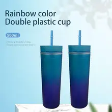 

Plastic Cups Coffee Cup With Lid And Straw Drink Tumbler Reusable Gradient Rainbow Layer Water Cup Outdoor Portable 500ml