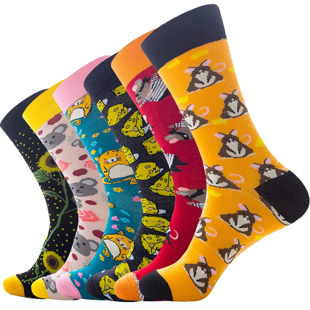 Модные осенне-зимние счастливые мужские носки с изображением сыра и подсолнуха с забавной мышкой, носки в стиле хип-хоп, хлопковые подарки для мужчин, Eur39-46, 113001