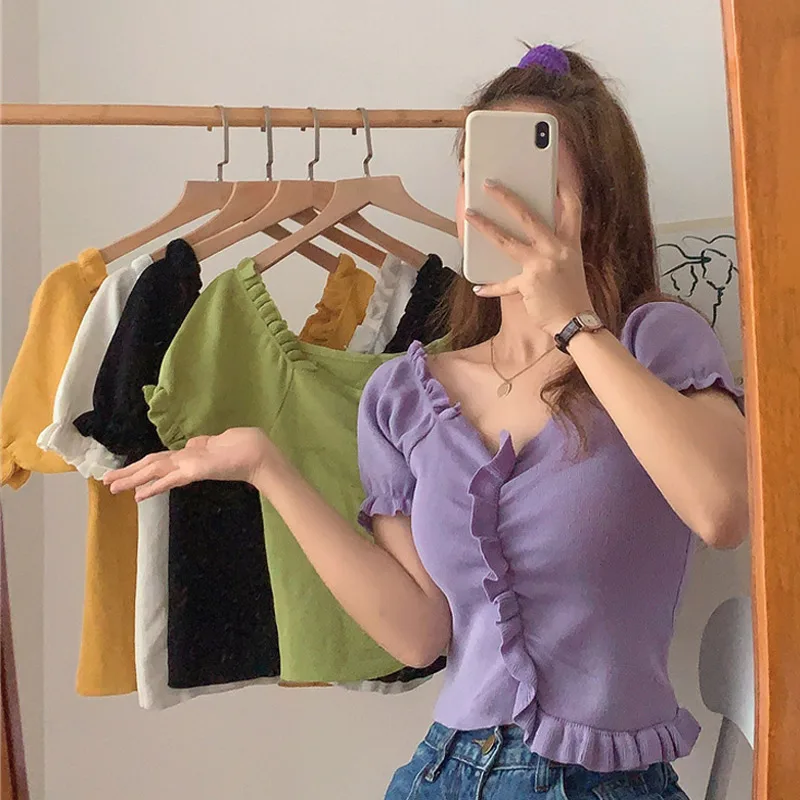 2020 Summer Fungus Kintted Women Tops Off Shoulder Sexy Crop Female Solid Short Sleeve Slim Fitness Tank Top Ladies |