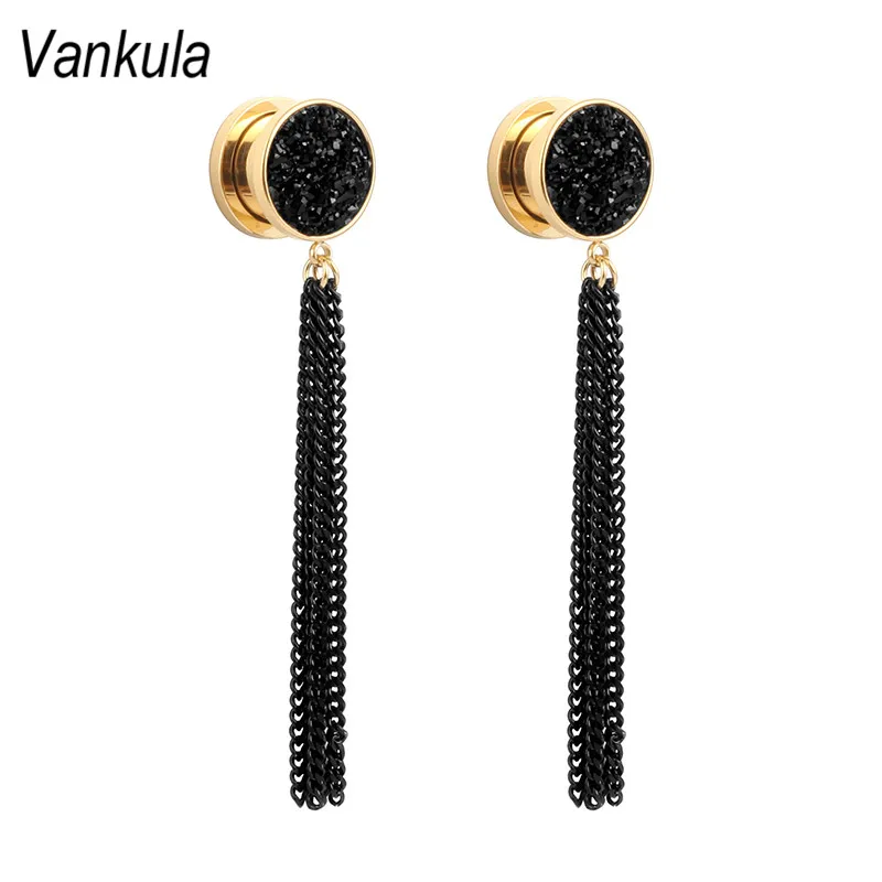 

Vankula piercing stainless steel chain tassel dangle resin ear plugs and tunnels body jewelry ear gauges wholesale expander