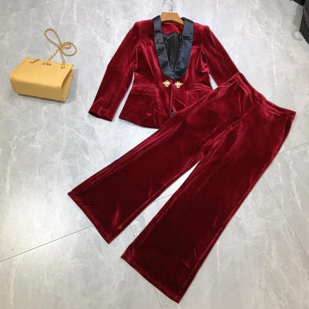 

2019 AW new velvet wine red women two piece pant set vintage suit