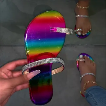 

Rainbow print flat bottom non-slip flip flop Spring / summer new 2020 women rivet sandals outdoor wild rhinestone beach slippers