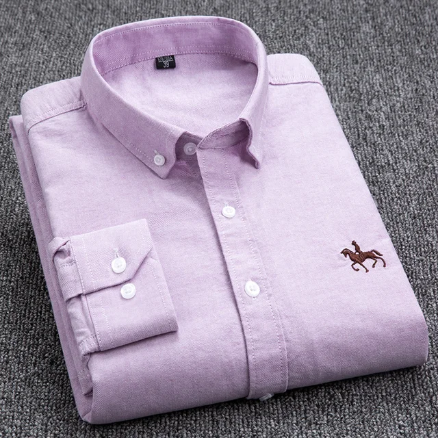 100% Cotton Oxford Shirt Men's Long Sleeve Embroidered Horse Casual Without Pocket Solid Yellow Dress Shirt Men Plus Size 5XL6XL Purple
