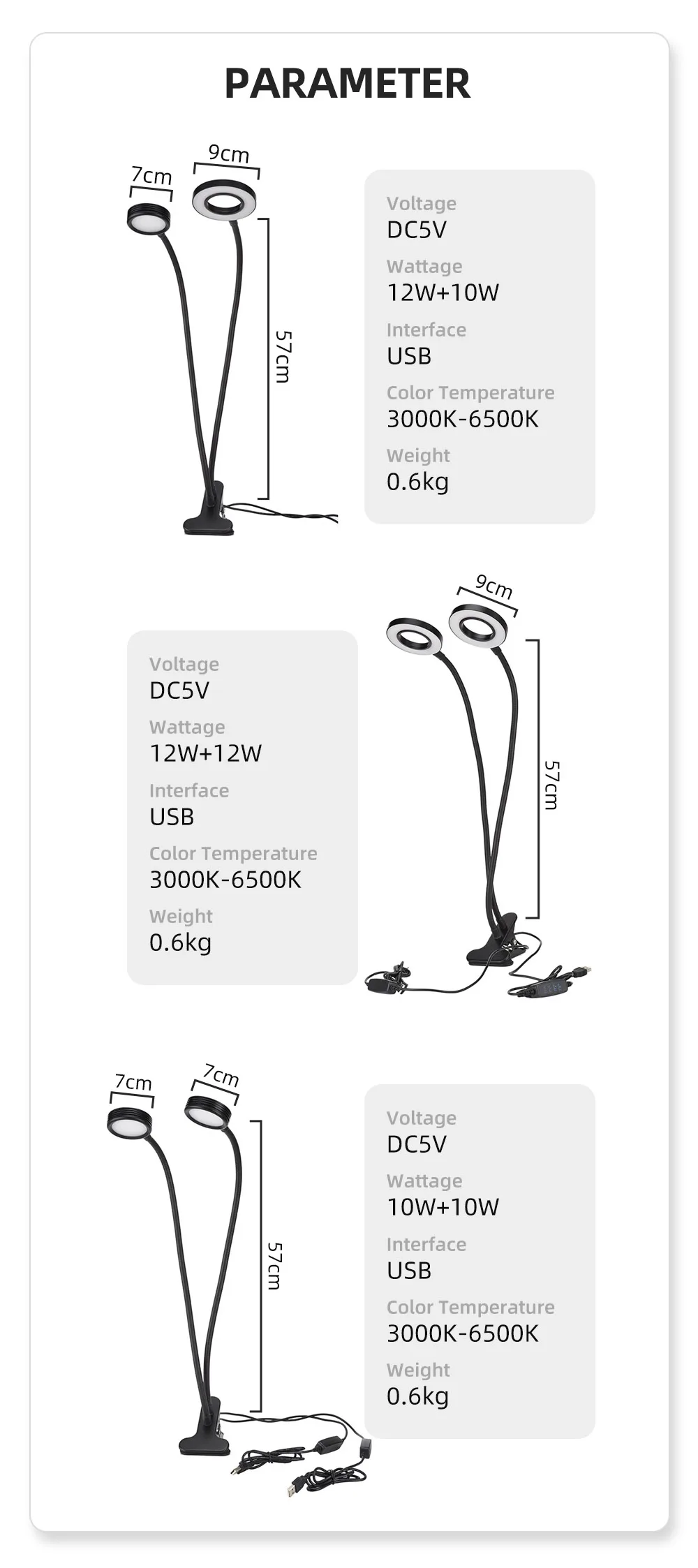 usb, dc 5v, led flexível, cabeça dupla,