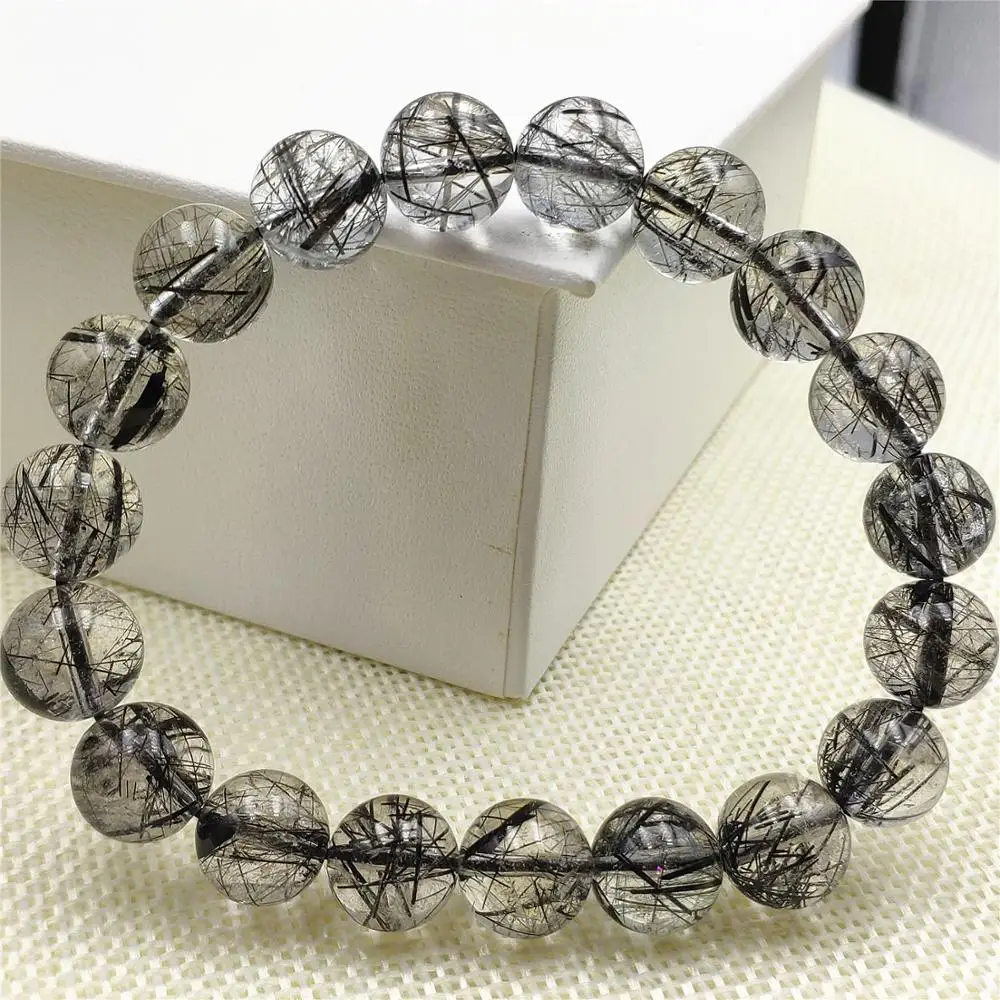 

100% Natural Black Rutilated Quartz Clear Round Beads Bracelet 11mm Women Men Fashion Best Stone Wealthy Stone AAAAA