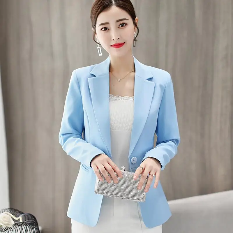 Light Blue Осень, Женский блейзер, пиджак, короткий, офисный, синий, бордовый, длинный рукав, Блейзер, Feminino, приталенная Женская Весенняя куртка, Femme - Цвет: Light Blue