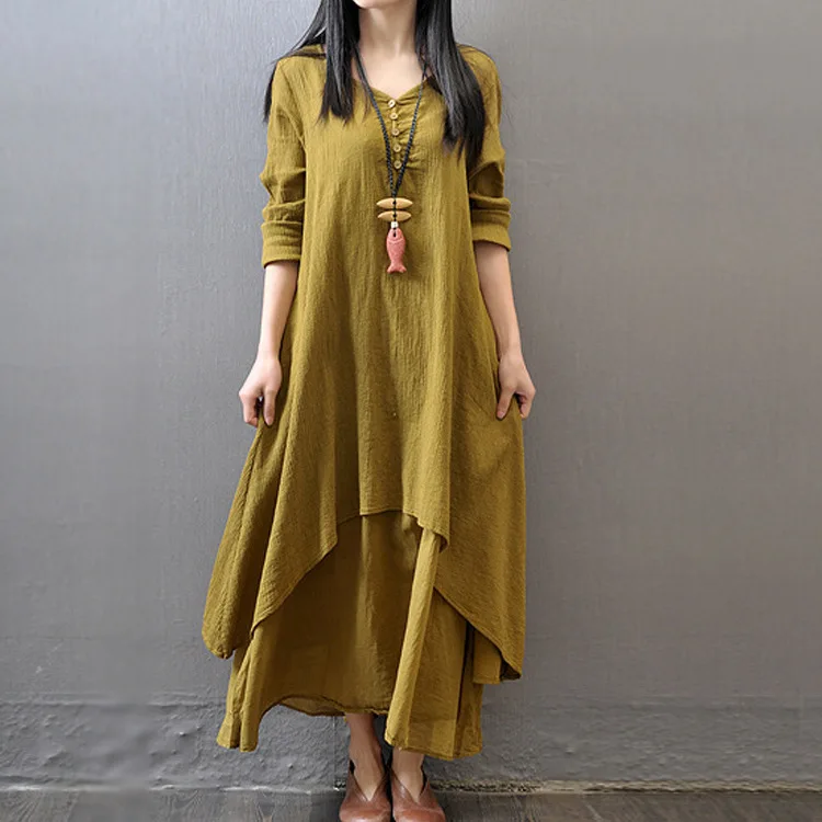 

2018 New Style Mock Two-Piece Long Skirts Ethnic-Style Big Hemline Flax Dress Loose-Fit Long Sleeve Cotton And Linen Skirt