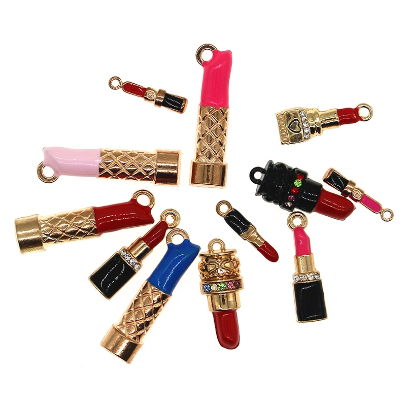 

10pcs/lot Rhinestone Lady Lipstick Enamel Colorful Girl Lipstick Charms Fit DIY Bracelet Necklace Jewelry DIY Craft Finding