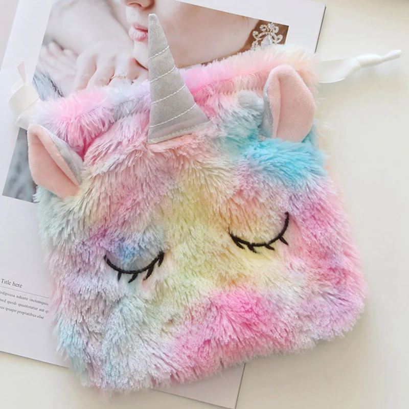 

Plush Unicorn Drawstring Bag Gradient Makeup Storage Pouch Sundries Bag Colorful Unicorn Horn Ear Bag