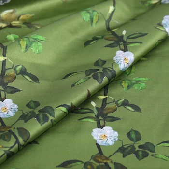 

White Flower Printing Greej Real Silk Fabric Stretch Satin Dress material