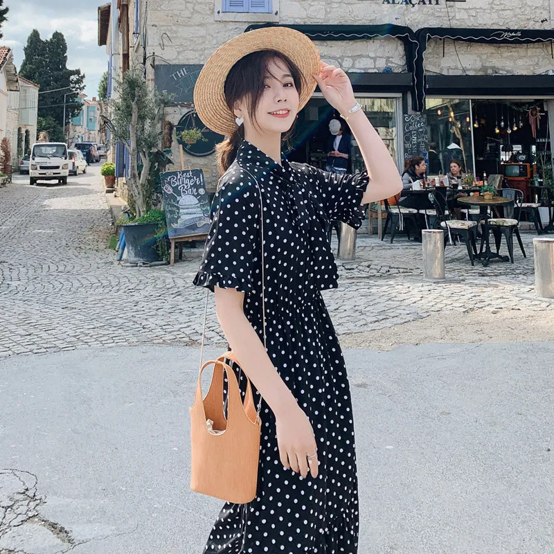 

2019 Spring And Autumn New Style Loose-Fit Skirt Very Fairy of France Non-mainstream Black And White Polkadot Retro Chiffon Dres