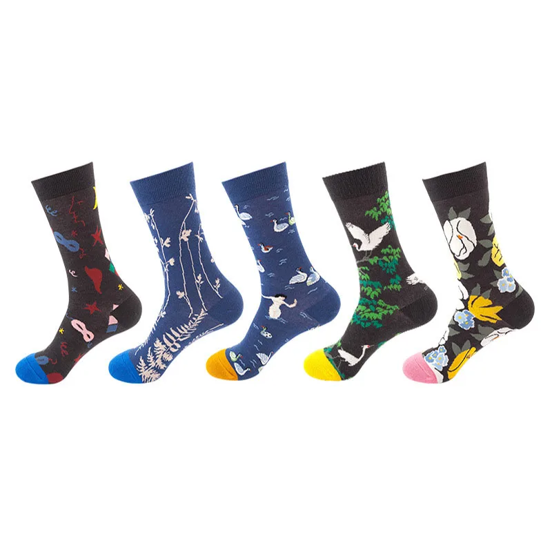 5 пар/лот, счастливые мужские носки, яркие, цветные, космические, животные, новинка, узор, повседневные, нарядные носки, забавный подарок, женские носки в стиле хип-хоп