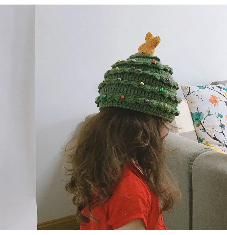 Рождественская хлопковая шапка для ребенка, зимние теплые шапки для женщин и мужчин, модная зеленая шапочка с елкой, вязаная шапка унисекс, украшение, подарок для детей