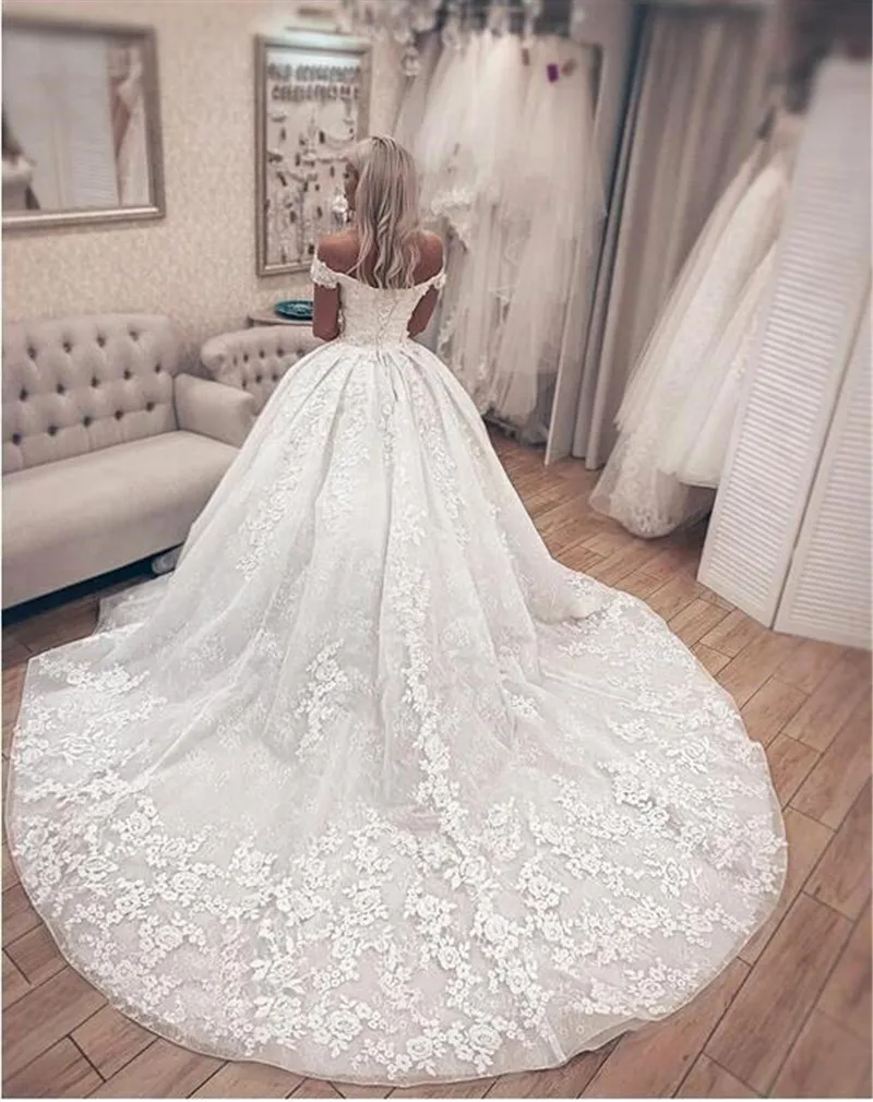 Великолепное Кружевное бальное платье; свадебные платья принцессы с открытыми плечами и шнуровкой сзади; мусульманские свадебные платья невесты на заказ