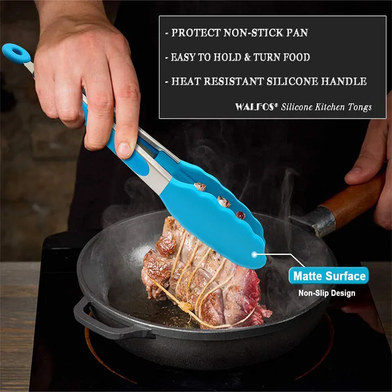 WALFOS Food Grade 100% Non Stick Silicone Tongs Kitchen Tongs Utensil Cooking Tong Clip Clamp Accessories Salad Serving BBQ Tool food tongs