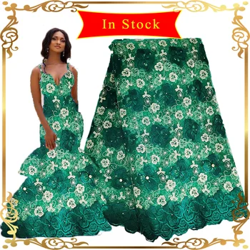 

African Fabrics Lace 5 Yards Green Blue French Nigerian Lace high quality Embroidery Rhinestone swiss lace in switzerland 2020