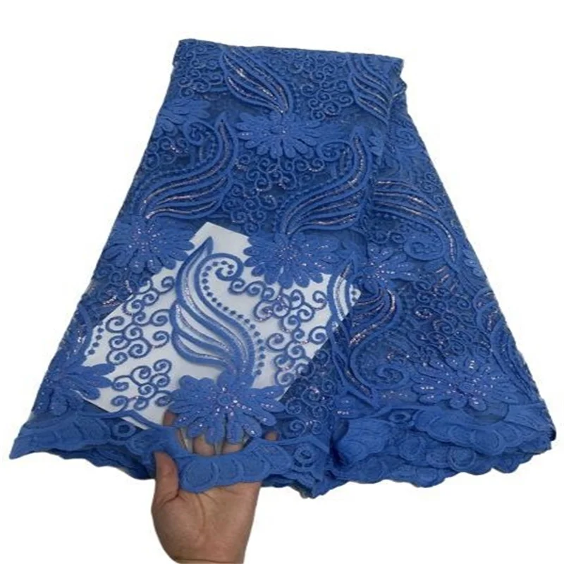 

Royal Blue Latest African Mesh Lace Fabric With Sequins Soft Nigerian French Tulle Lace Fabric 5Yards Wedding Material