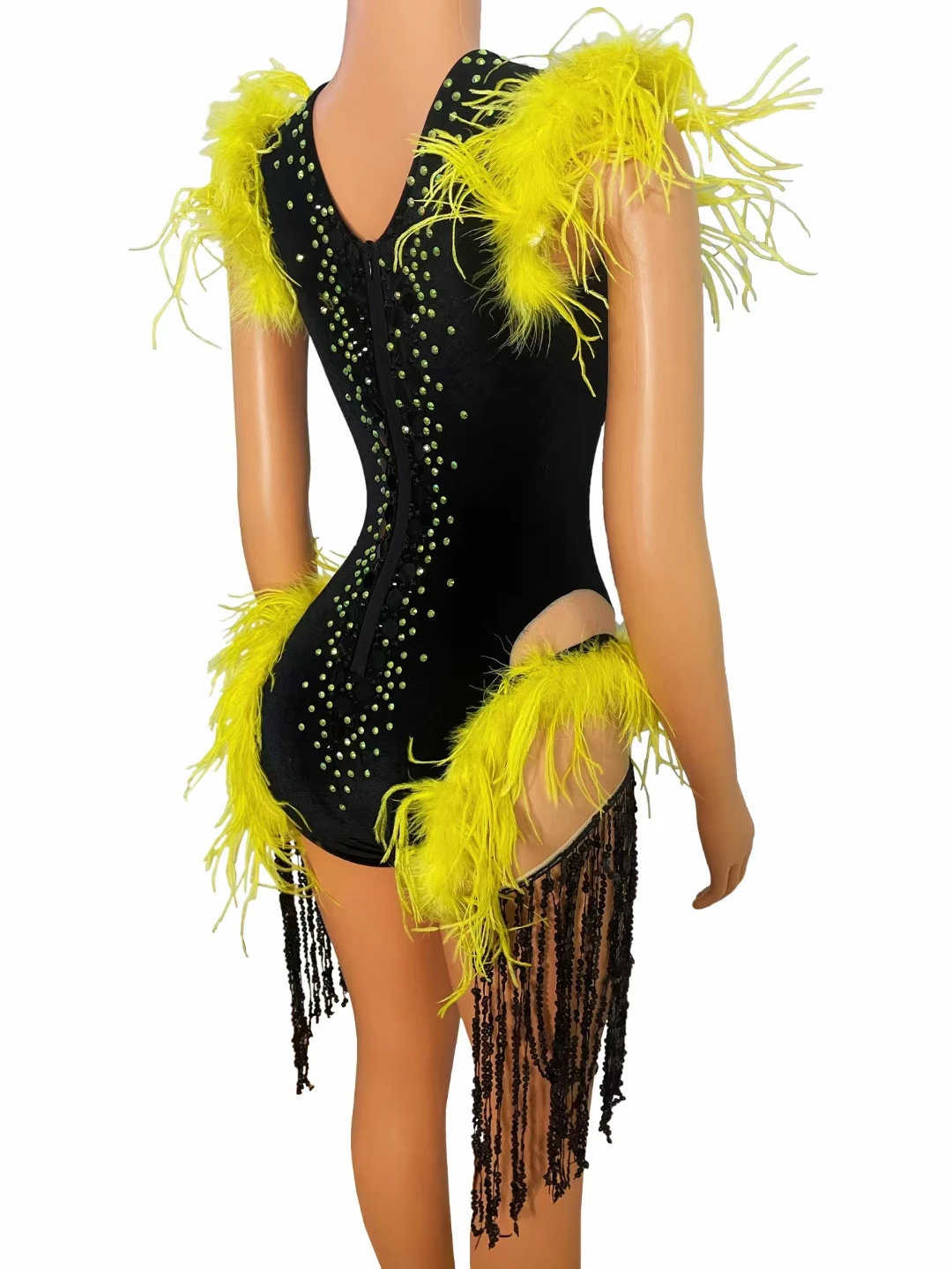 Women Dancer Singer Stage Wear Birthday Prom Celebrate Outfit Black Sequin Fringe Yellow Rhinestone Feather Bodysuit