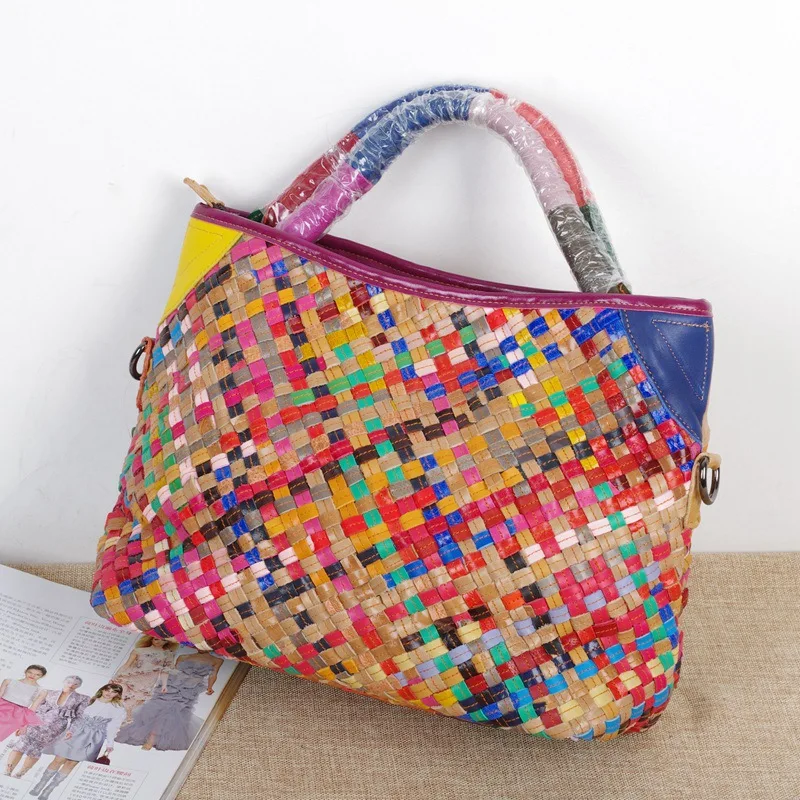 

WOMEN'S Bag Genuine Leather Handmade Woven Bag Ethnic-Style Multi-color Stripe WOMEN'S Portable Cross-body Bag
