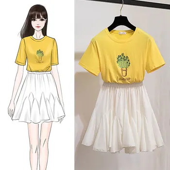 

Women Summer Suits Embroidery White T-Shirts Pleated Casual Skater Skirt Women's Two Piece Cute Dress