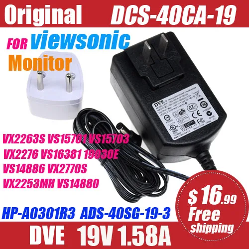 Fuente de alimentación Original para monitor LCD de viewsonic, adaptador de corriente de 19V, 1.58A, 19030E, VS14886, VX2770S, VX2253MH, VS14880, ADS-40SG-19-3