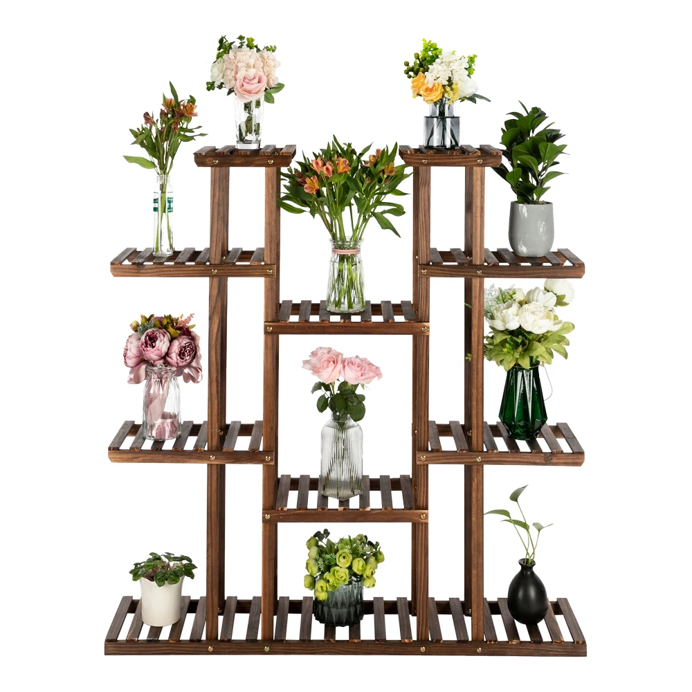 

6-Story 11-Seat Indoor And Outdoor Multifunctional Plant Stand Flower Rack 120x25x125CM Carbonized Wood Color[US-Stock]