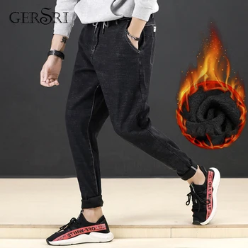 

Gersri Men Autumn Winter Fashion Solid Jeans Casual Warm Velvet Plus Denim Pants Scratched Jeans Homme Big Size 5XL 6XL 7XL