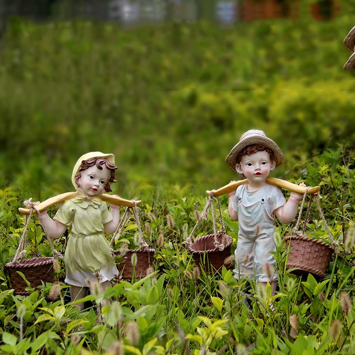 

Boy And Girl Picking Basket Sculpture Garden Furnishings Character Resin Statue Flowr Pot Crafts Creative Home Ornaments Statue